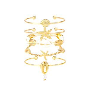 Shell Beaded Stretch Bracelet Set Gold Plated Boho Summer Beach